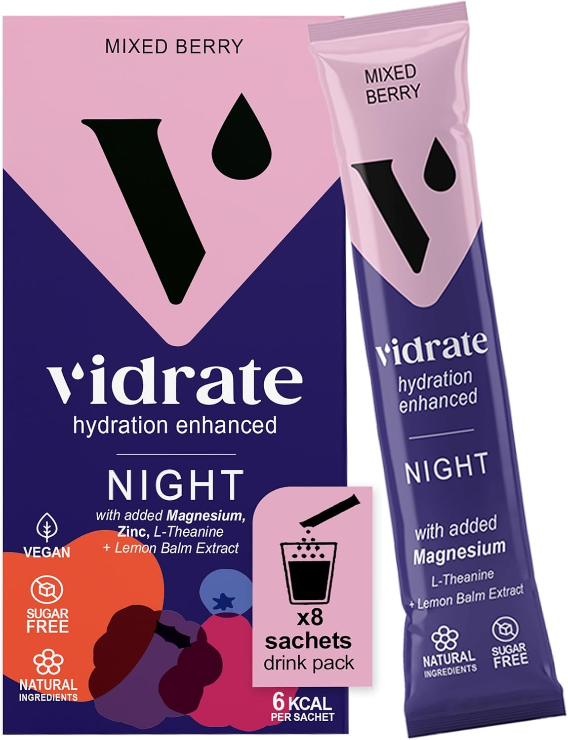 Vidrate Electrolyte Powder Hydration Sachets - Hydration Powder Packs with Vitamins - Zero Sugar, No Artificial Sweeteners or Preservatives - 8 Electrolyte Sachets, Night Time Mixed Berry