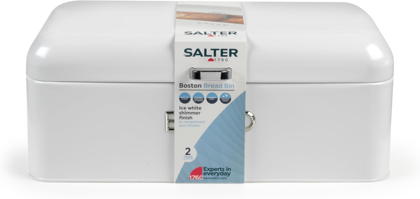 Salter Boston Bread Bin &ndash; Large Bread Storage Container, Embossed Lettering, Store Bread, Pastries, and Bagels, Durable Steel, Easy to Clean, Long-Lasting Freshness, Ice White Shimmer Finish image number 4