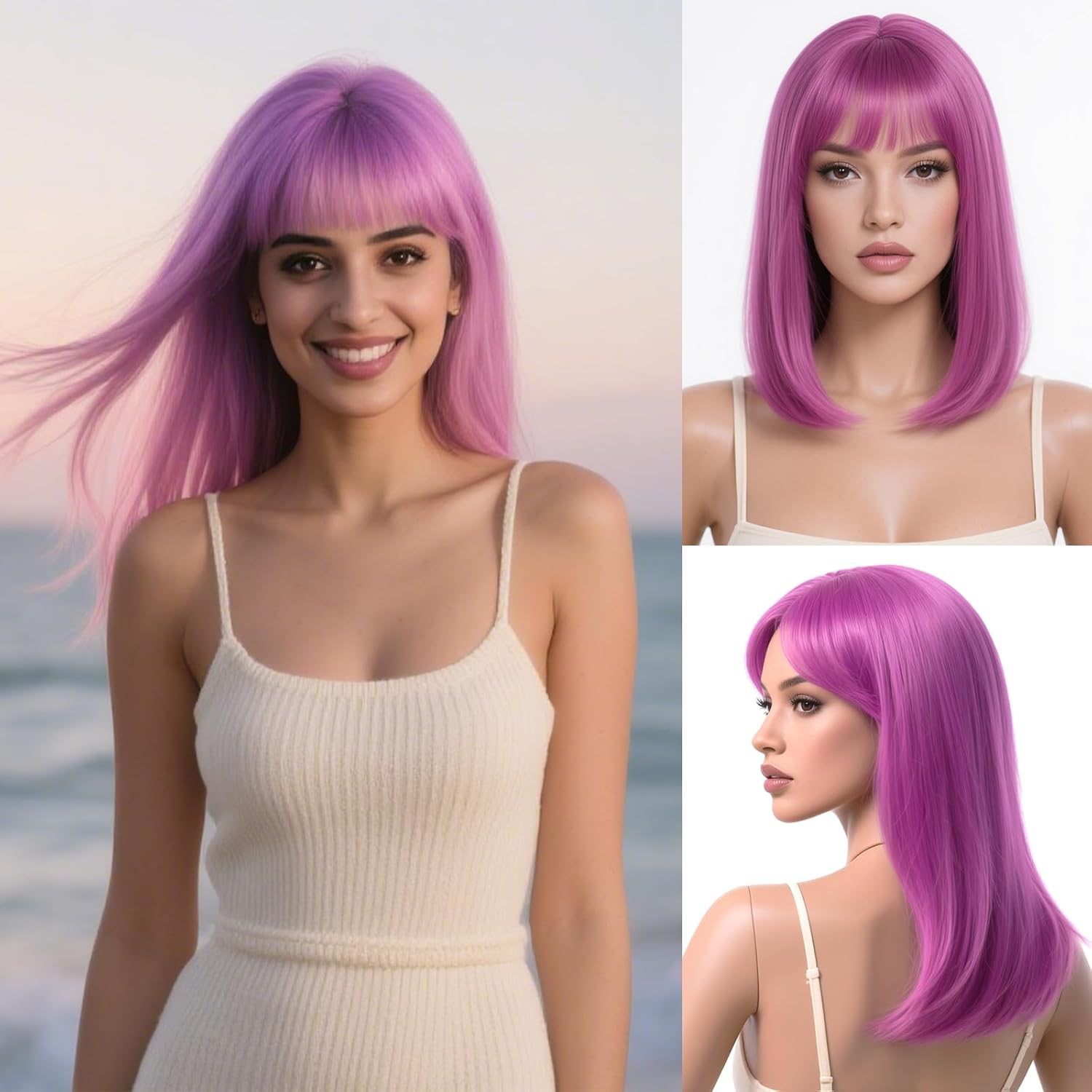 Xeelfaro Bright Purple Pink Natural Straight Bob Wig for Women Full Head with Gentle Fringe & Shoulder-Length Style, Silky Smooth Wig for Fashion Exhibitions Casual Meetups (Bright Purple Pink, 16Inch)