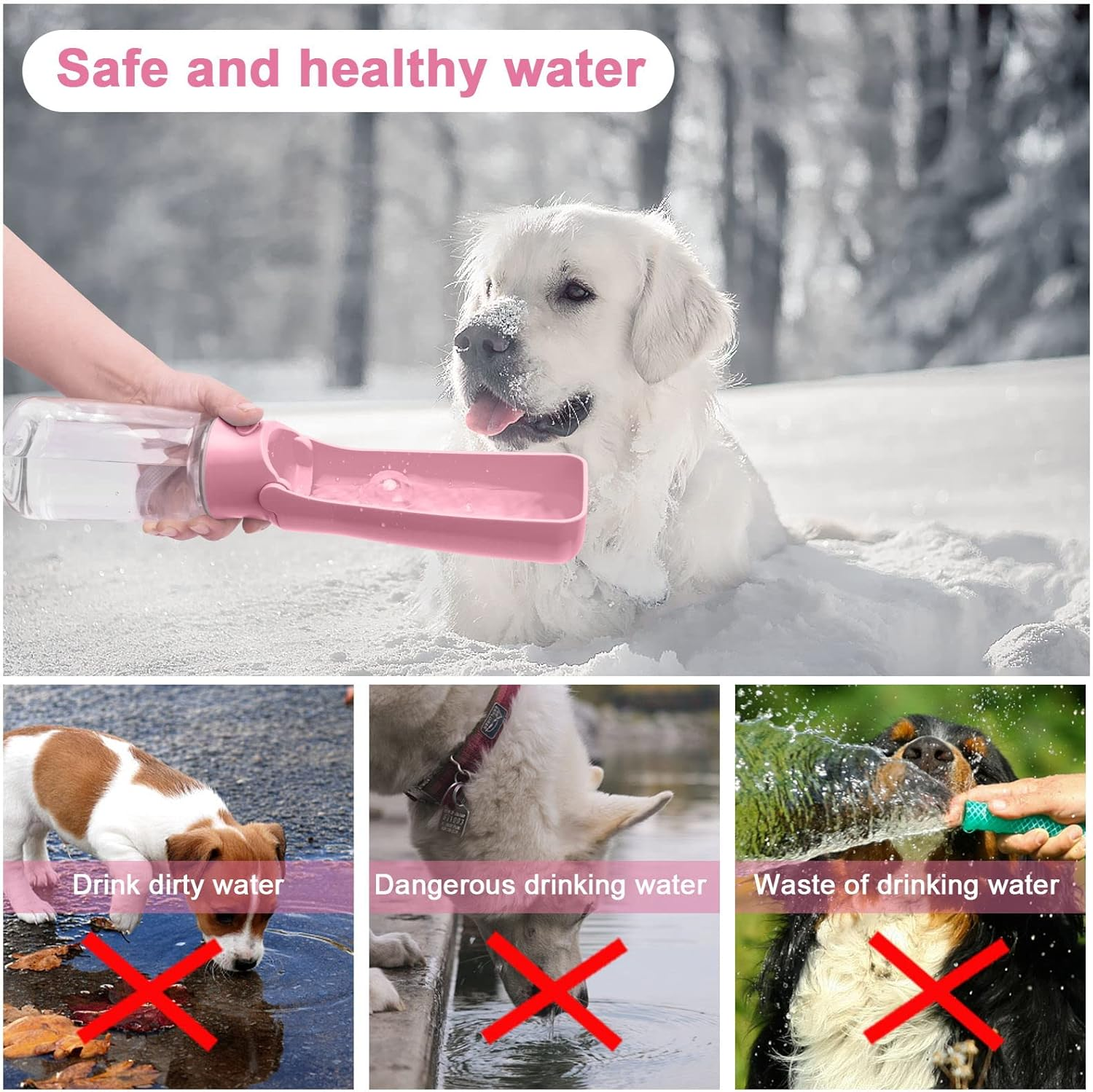 Foldable Dog Water Bottle - 550Ml Portable Dispenser, Leak Proof Travel Bottle for Pets, Outdoor Walking, Hiking - Food Grade Plastic（Pink） image number 2