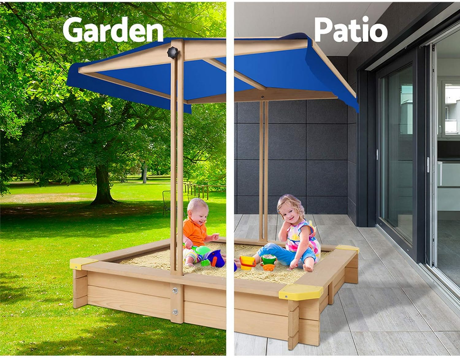 Keezi Kids Sandpit, Wooden Water Table Sand Pit Play Toys Sandcastle Garden Patio Beach Activity Outdoor Toy Games, with Adjustable Canopy Ground Sheet Large Seat Blue image number 5