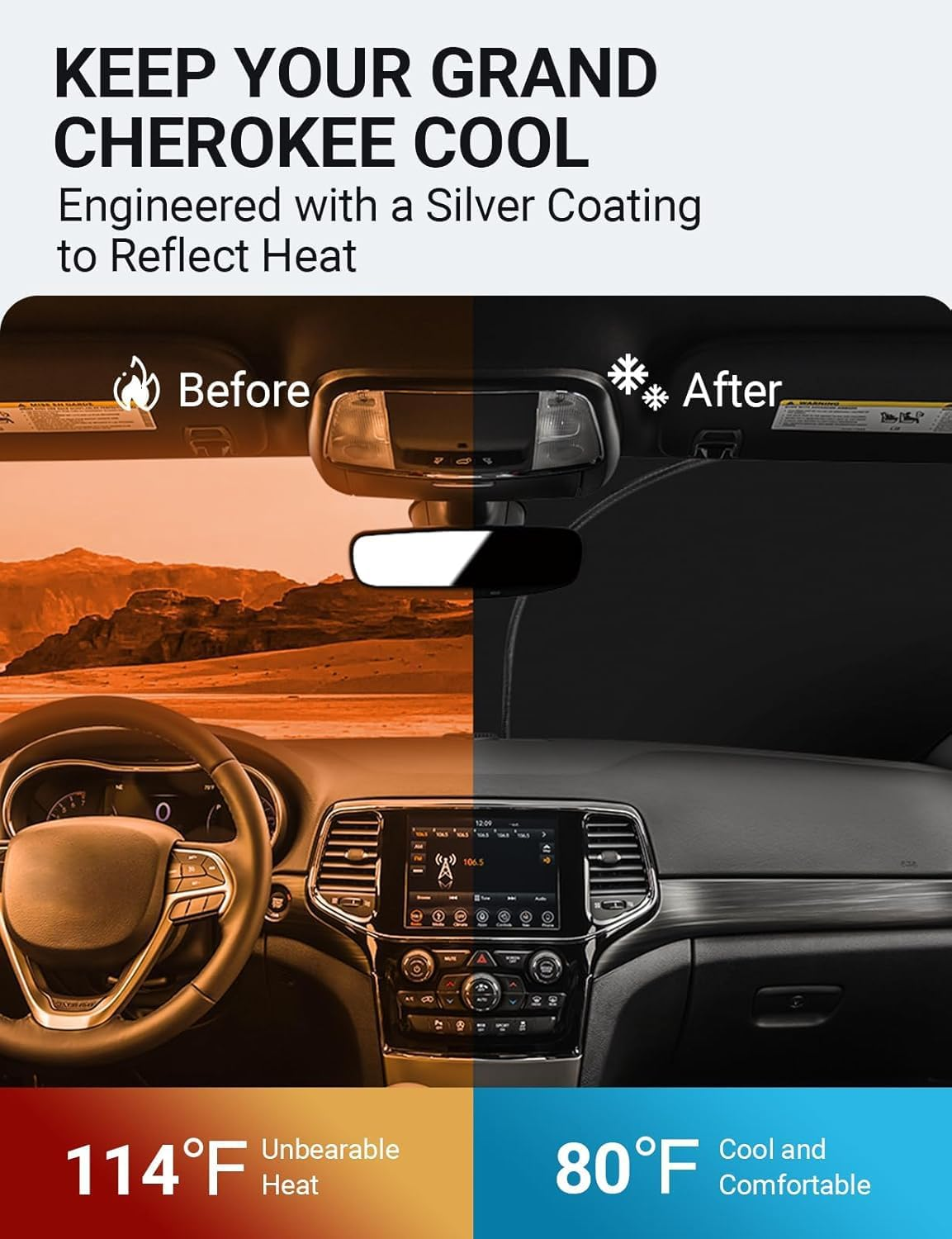 Proadsy 2024 Upgrade Front Windshield Sun Shade Foldable Sunshade Protector Custom Fit 2014-2024 Jeep Grand Cherokee SUV, Laredo Limited Trailhawk Overland Altitude Summit Accessories image number 4