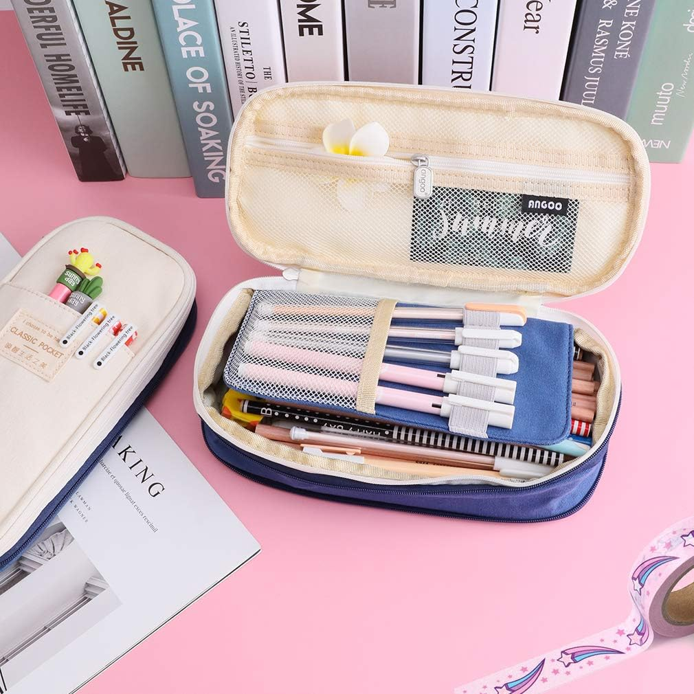 Isuperb Large Pencil Case Pen Holder with Zipper Beige and Blue Colour Clash Pencil Bag with Compartment Large Capacity Canvas Stationery Storage Bag Deformable Zipper Pencil Box for School or Office image number 6