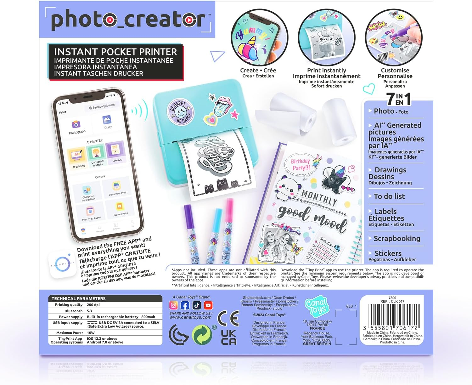 Canal Toys - Photo Creator CLK017 Pocket Printer Set for Smartphone with Markers, Stickers and Thermal Paper Rolls for Instant Printing 1 Portable Printer Blue - Multicolor image number 6