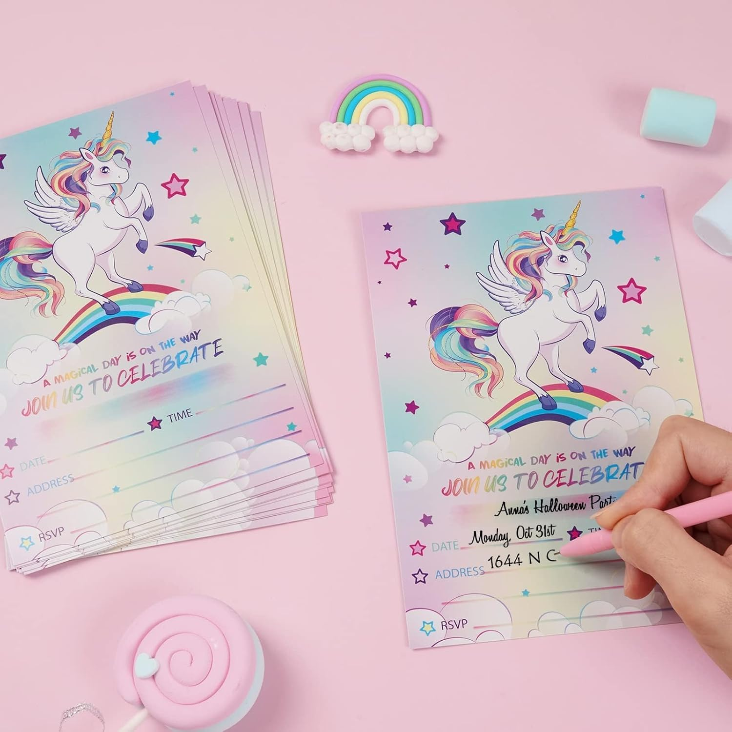 WERNNSAI 24PCS Unicorn Birthday Invitation - Rainbow Unicorn Party Supplies Fill-In Linvitations with Envelopes for Girls Birthday Baby Shower Double-Sided Printed Invite Cards