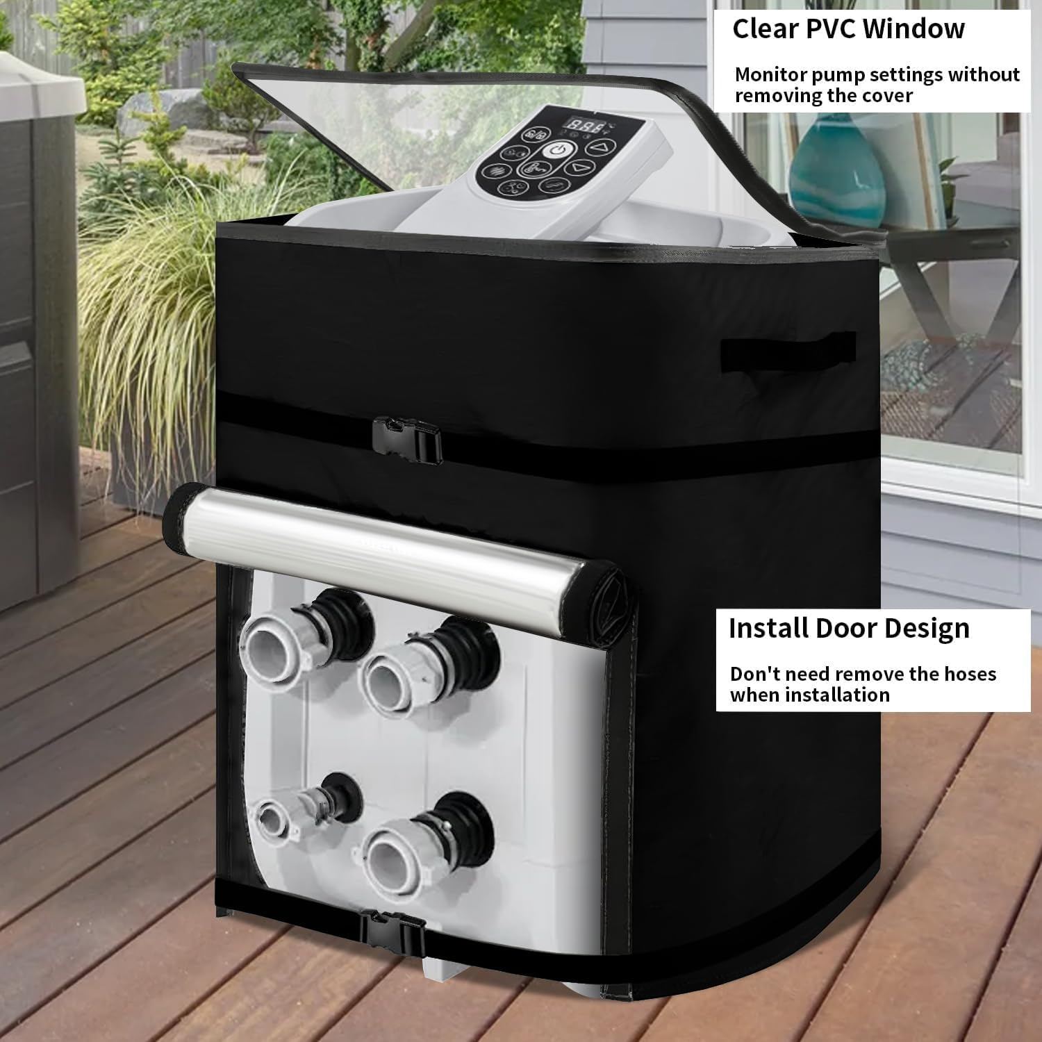 UCEDER Waterproof Hot Tub Pump Cover with Clear PVC Window,Insulated Spa Heater Cover with Install Door Design & Adjustable Buckle (Black, 16.9" X14.9"X21.2") image number 6
