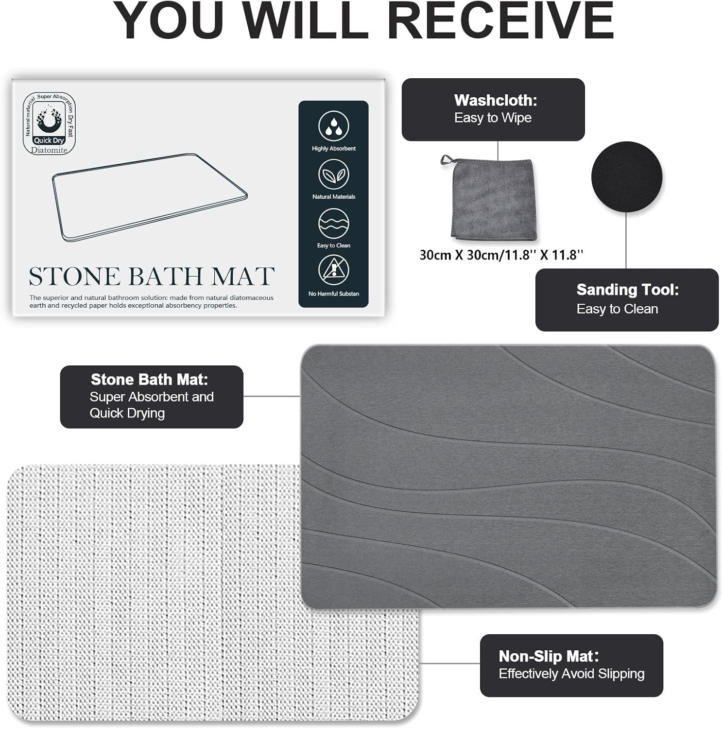Heyolo Stone Bath Mat Diatomaceous Earth Bath Mat 60X39Cm Non-Slip Super Absorbent Bath Mats for Bathroom Quick Drying Diatomite Stone Shower Mat for Kitchen Bathtub, Easy to Clean, Gray image number 4