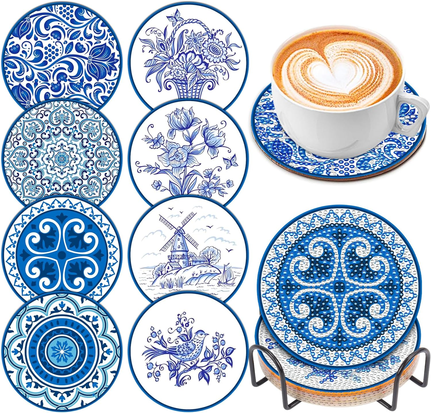 8 Pcs Diamond Art Painting Coasters with Holder, DIY Blue Watercolor Flowers Diamond Art Painting Kits for Beginners, Gift