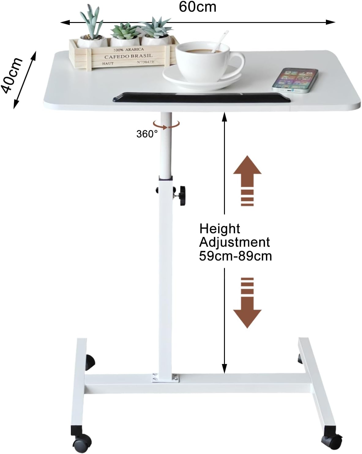 ONEIN Overbed Table with Wheels, Adjustable Laptop Table for Bed Couch Sofa, Portable Standing Desk for Home Office, C Shaped Small Study Table, Tiltable & Stable image number 5
