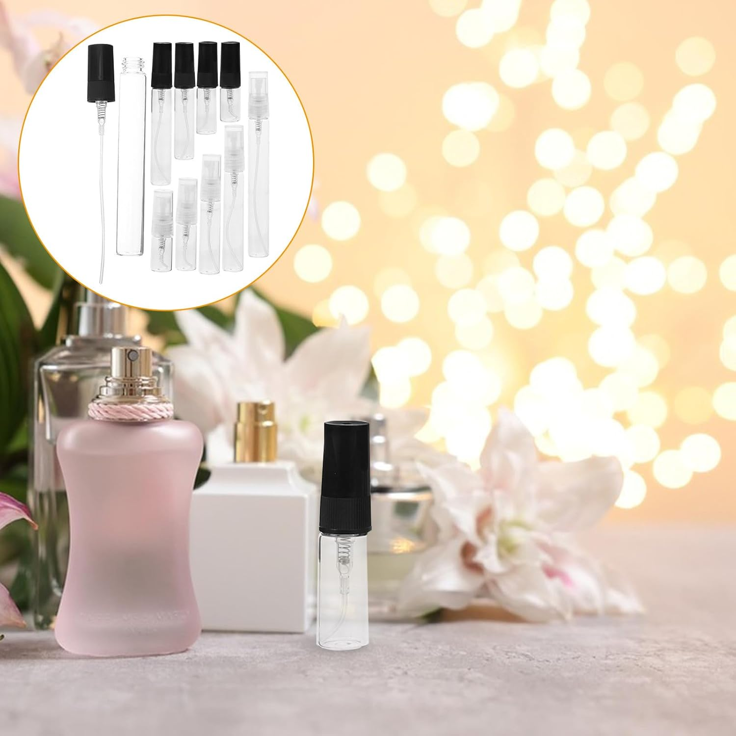 Veemoon 10Pcs Refillable Small Perfume Spray Bottles Set, Portable Empty Glass Sprayer Bottles for Essential Oils and Fragrance, Black Liquid Atomizer for Travel and Daily Use image number 4