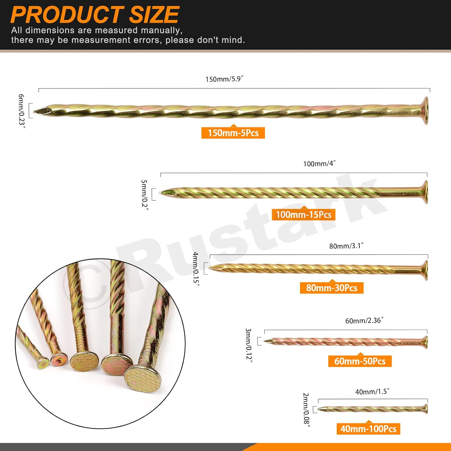 Rustark 200Pcs 5 Sizes Spiral Deck Nails Assortment Kit Fence Deck Nails Spiral Shank Deck Nail Floor Hardware Screw Nail for House Repairing Wall Floor image number 1