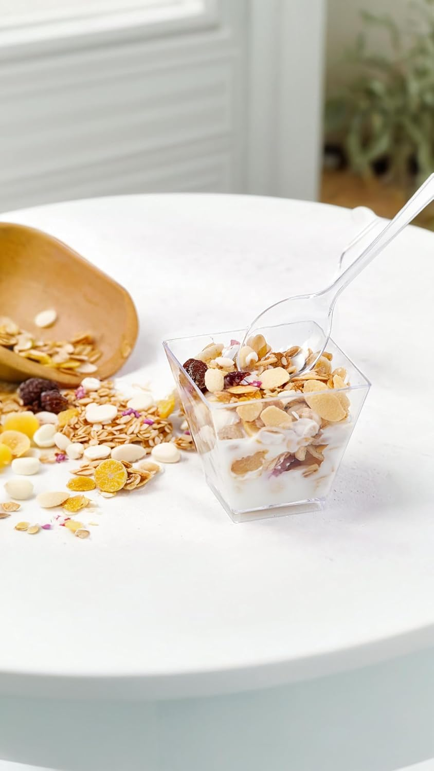 Honwor 50-Pack Clear Mini Dessert Cups with Spoons - Reusable, Square Parfait Cups for Tastings, Apizers, & More - 2.02Oz image number 5