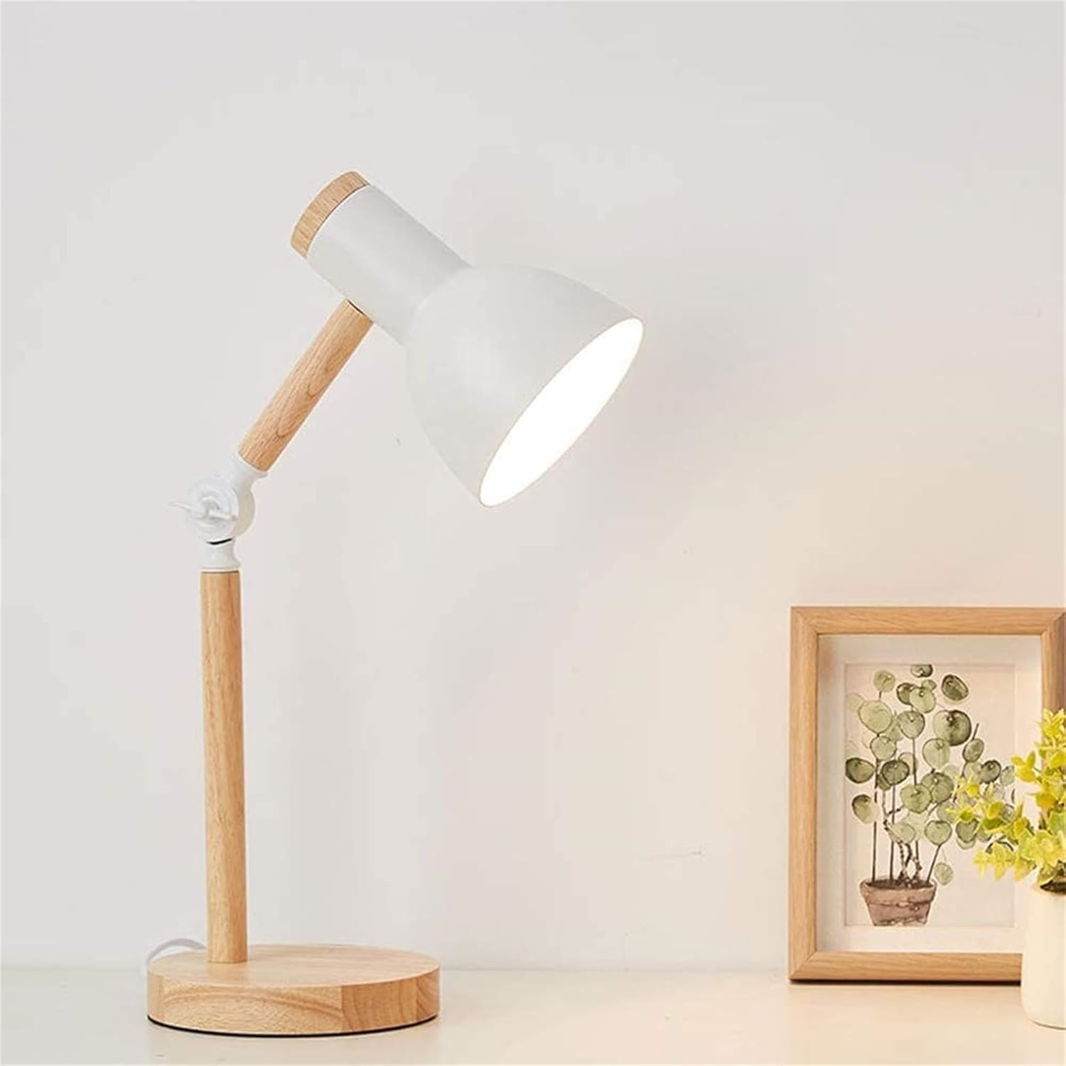 Desk Lamp E27 Wood Adjustable Angle with Metal Shade Table Lamp Modern with 3 Colors Dimmable Switch Bedside Lamps Eye Protection Simple Reading Lamp for Office Study Room Bedroom Living Room (White) - Grey image number 4