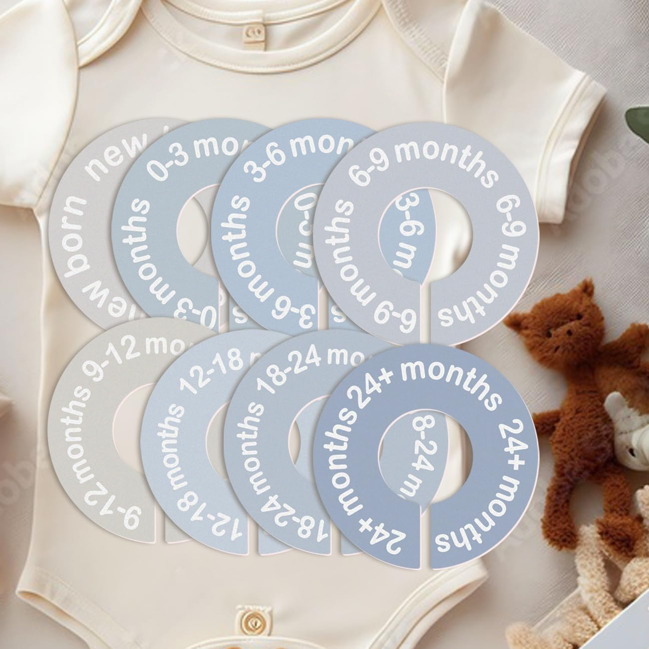 Baby Closet Dividers for Clothes 0-24 Months, 8 Pack Mini round Size Markers, Double-Sided, Fits Most Rods, Blue Nursery Clothing Organizer & Wardrobe Decor image number 1