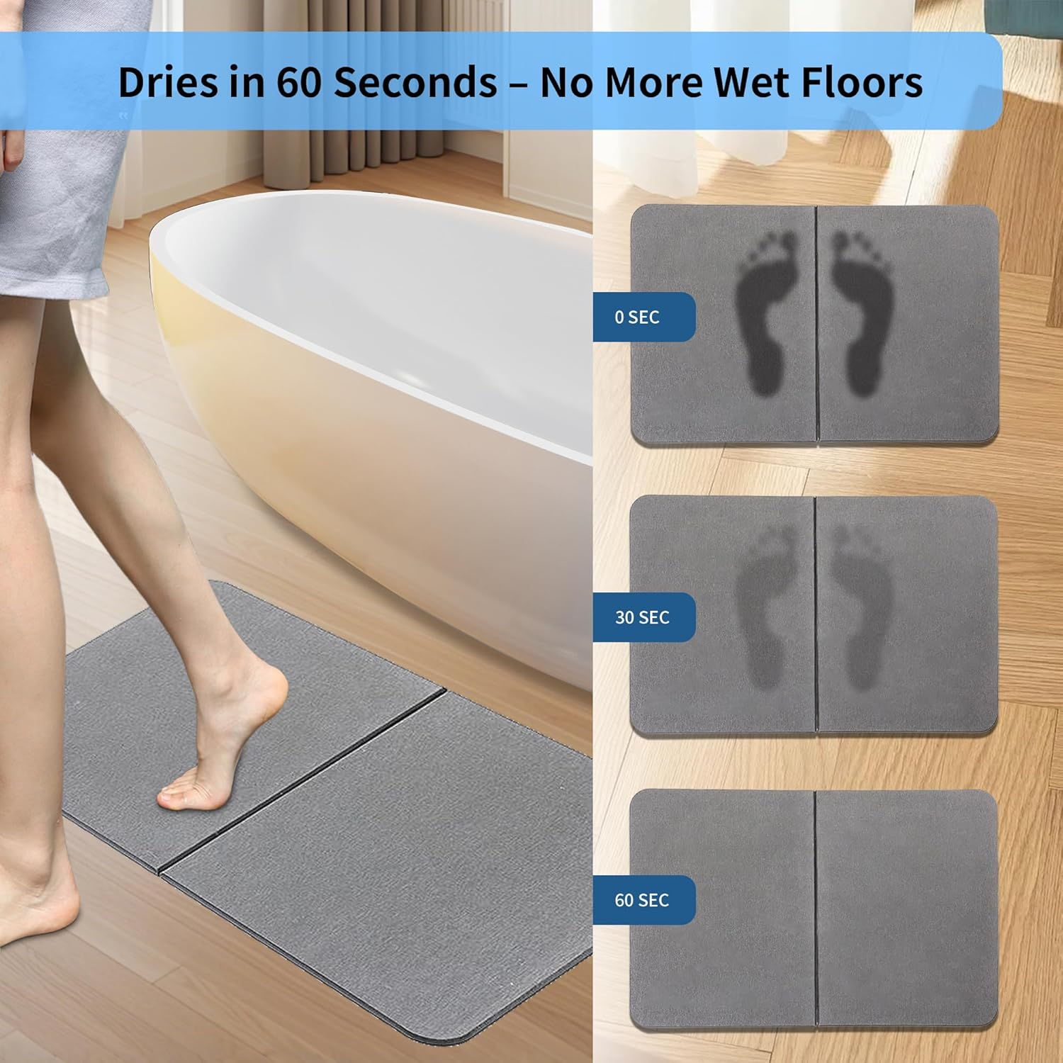 Stone Bath Mat, Natural Diatomaceous Earth Bath Mat, Non Slip Super Absorbent Quick Drying Diatomite Mat for Bathroom, Bathtub, Kitchen Counter, Both Sides Available with Cleaning Tool (Dark Gray)