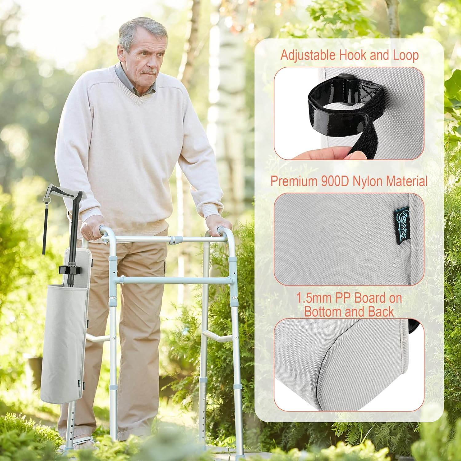 Beautyflier Cane Storage Bag, Removable Cane Hanging Bag for Wheelchair, Walker, Mobility Scooters, Walking Stick Organizer, with Adjustable Hook and Loop, Easy to Install, Bag Only (Gray) image number 1