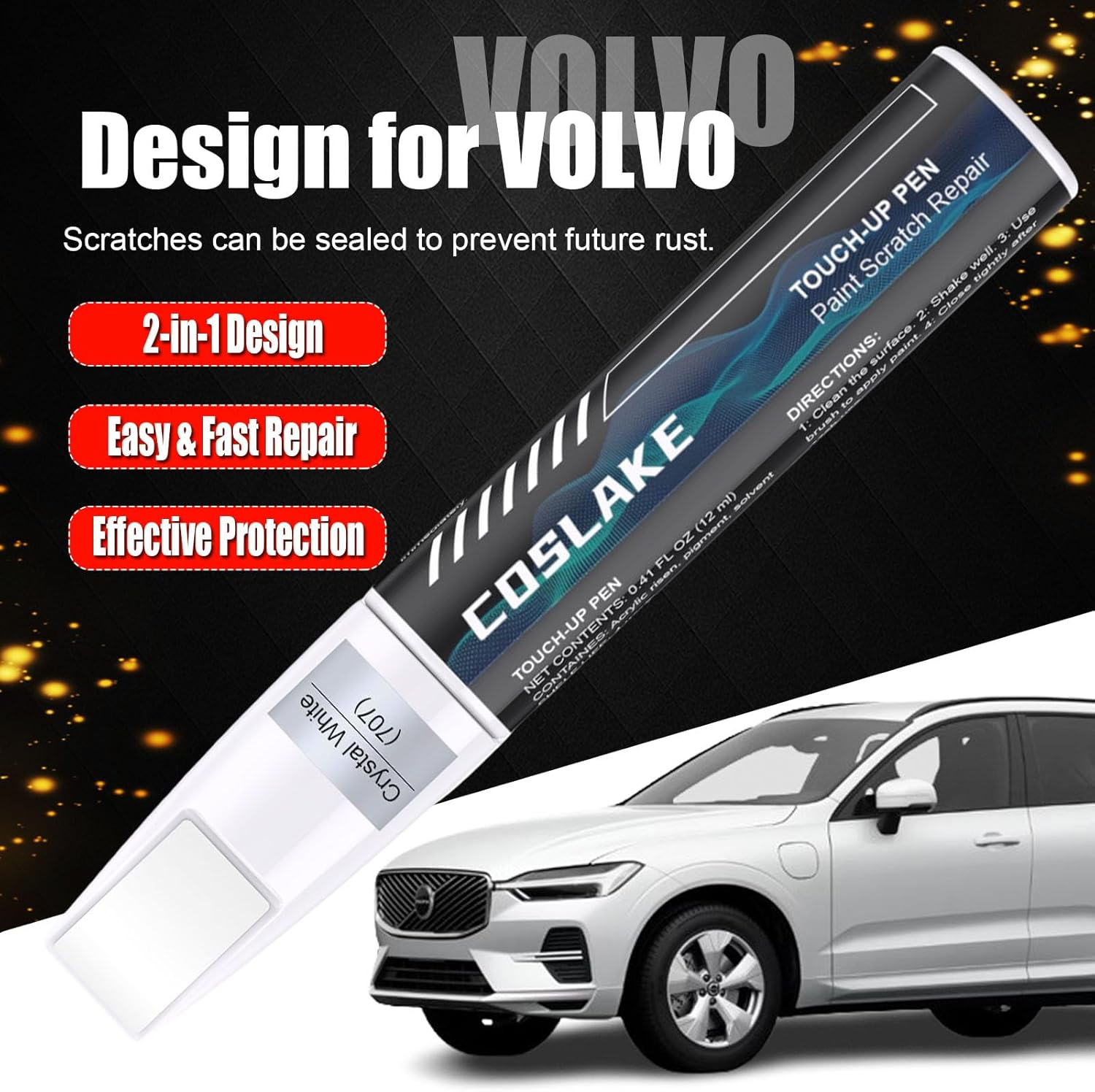 Car Touch up Paint(Onyx Black(717)) for Volvo, Car Paint Scratch Repair Kit, Quick & Easy Solution to Repair, 2 in 1 Scratch Remover Pen with 2PCS Disposable Micro Applicators