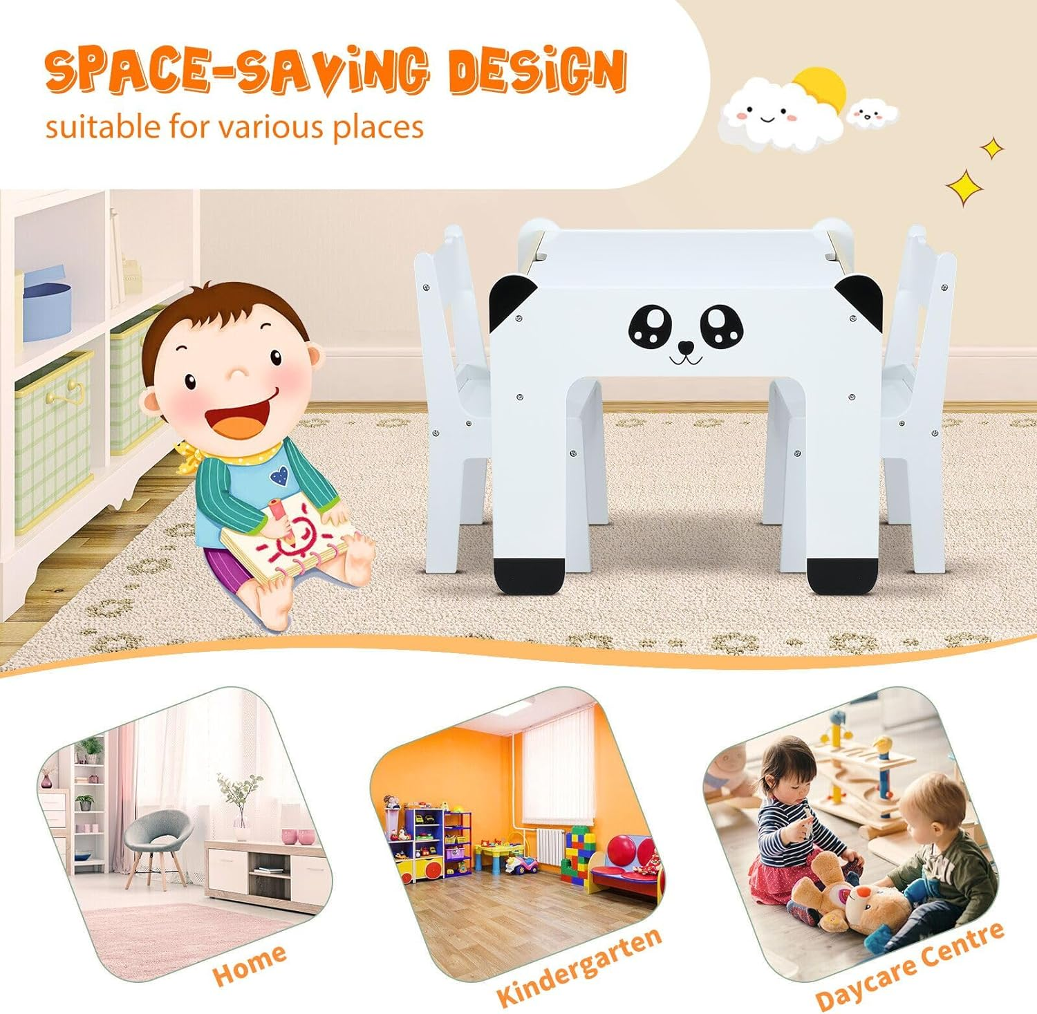 Kidbot Kids Table and 2 Chairs Set Wooden Toddler Desk with Storage Furniture Children Activity Centre for Study Drawing Reading Panda Cartoon Shape image number 1