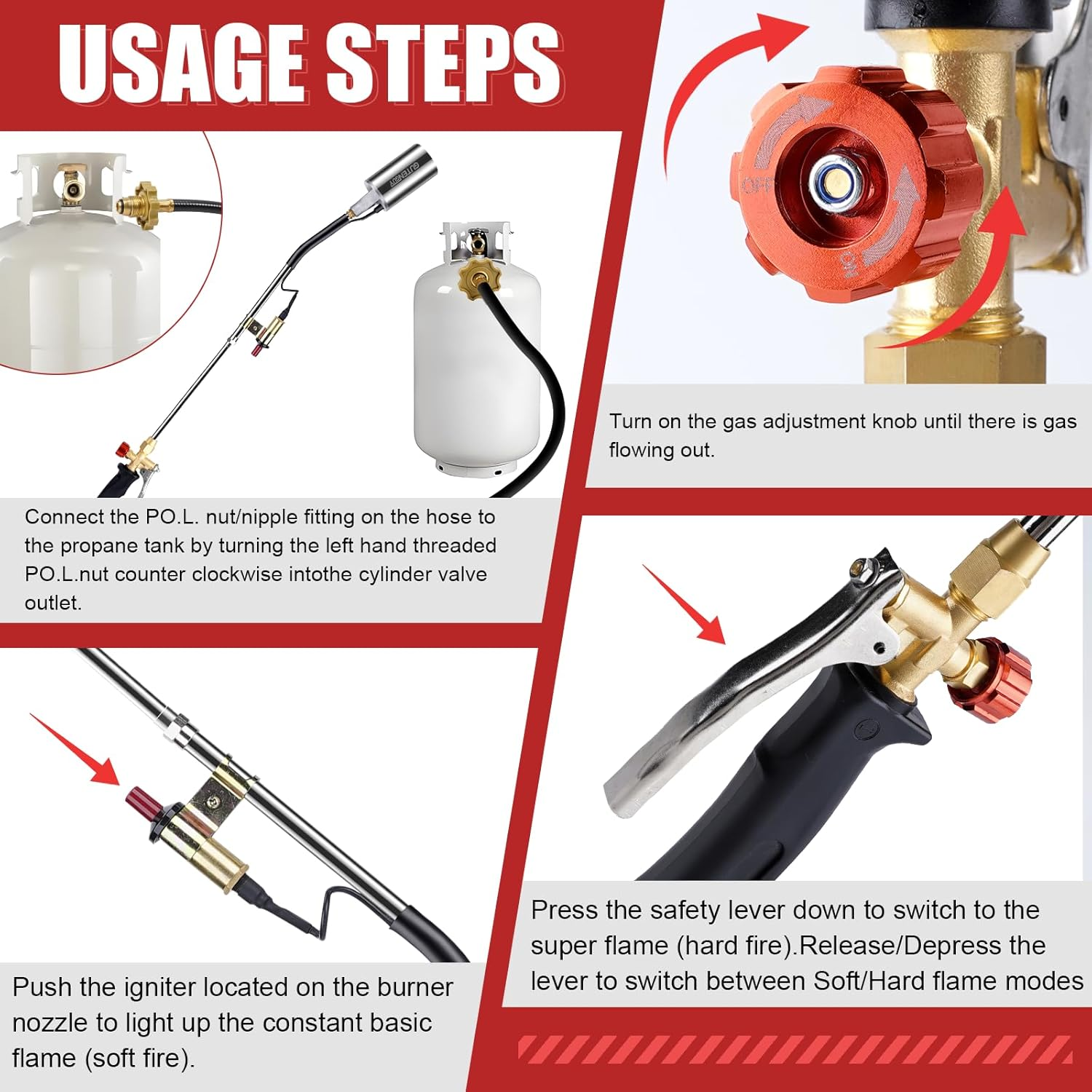 Propane Torch Weed Burner Kit,Weed Torch 800,000 BTU Blow Torch with 10 FT Hose for Flame Weeding,Roofing, Melting Ice Snow image number 4