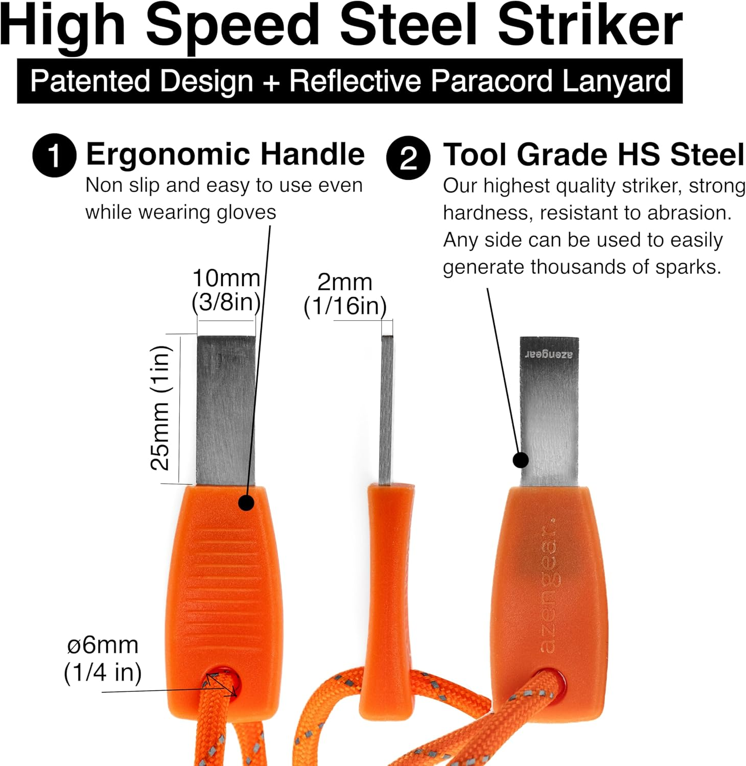 Camping Flint and Steel Fire Starter, 10X100Mm (0.4X4In) Ferro Rod, HSS Striker, Paracord, Waterproof Outdoor Survival Kit Azengear image number 3