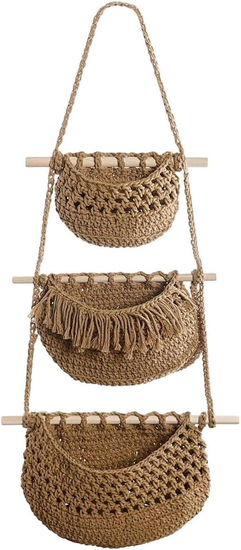 AIMALL 3-Layer Hanging Wall Storage Basket Cotton Rope Organizer for Sundries with Wooden Rods, Woven Wall Hanging Bag for Entryway, Living Room, and Nursery image number 5