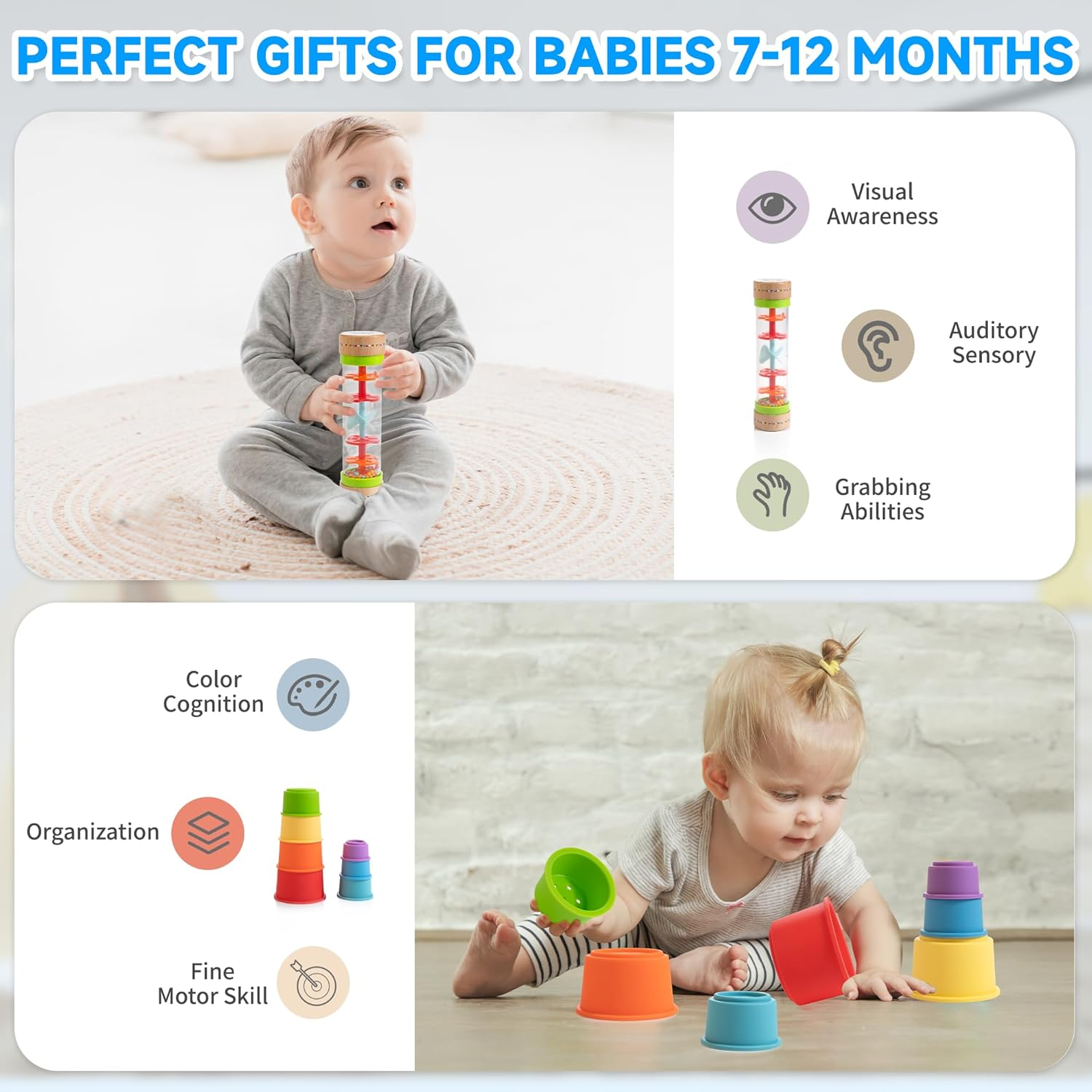 Montessori Toys for Babies 6-12 Months, 9 in 1 Educational Wooden Toys Set, Includes Object Permanent Box, Stacking Cups, Mirror Puzzle, Ring Stacker and More image number 5