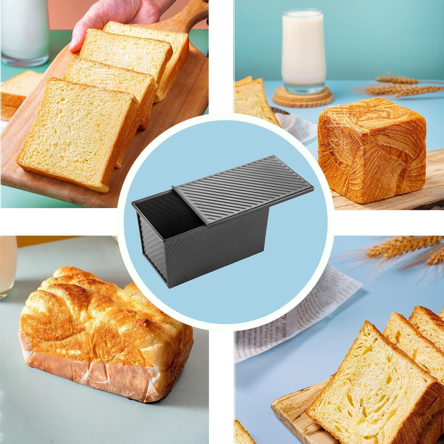 Loaf Pan with Lid, Non-Stick Bread Pans Bakeware, 1Lb Dough Carbon Steel Baking Bread Toast Mold,Corrugated Toast Box for Oven Baking, Big Capacity Baking Tool (Black) image number 3