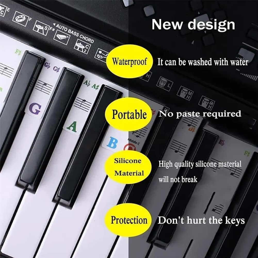MMSZHL 2 Pcs Piano Keyboard Stickers, 61/88 Keys Full Size Silicone Piano Note Guide for Beginners, Removable & Reusable Piano Keyboard Stickers, No Glue Needed, Guide for Beginners (White) image number 6