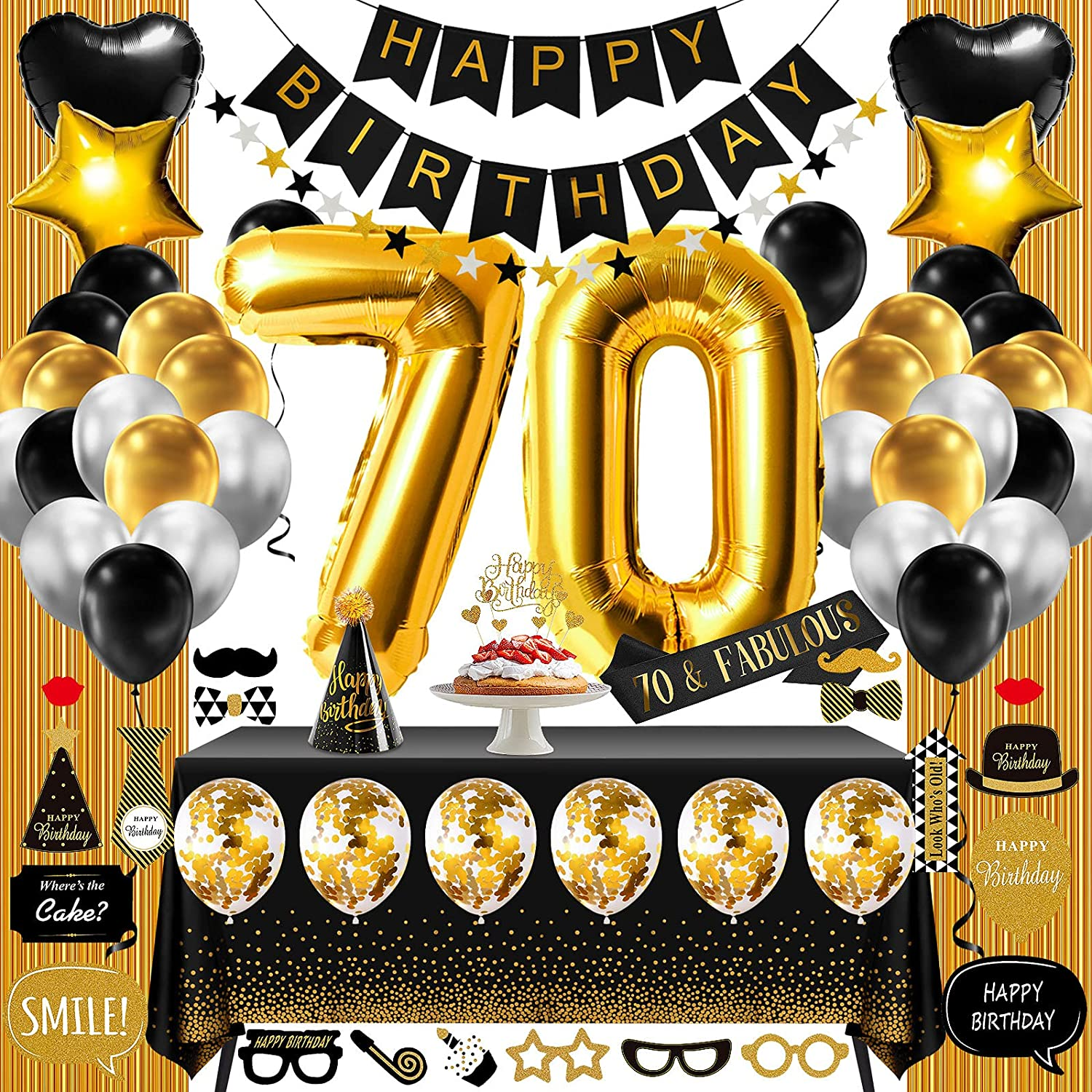 70Th Birthday Decorations - Black & Gold Party Supplies for Him & Her, Including Balloons, Curtain, Tablecloth, Photo Props, Foil Balloons, Sash image number 1
