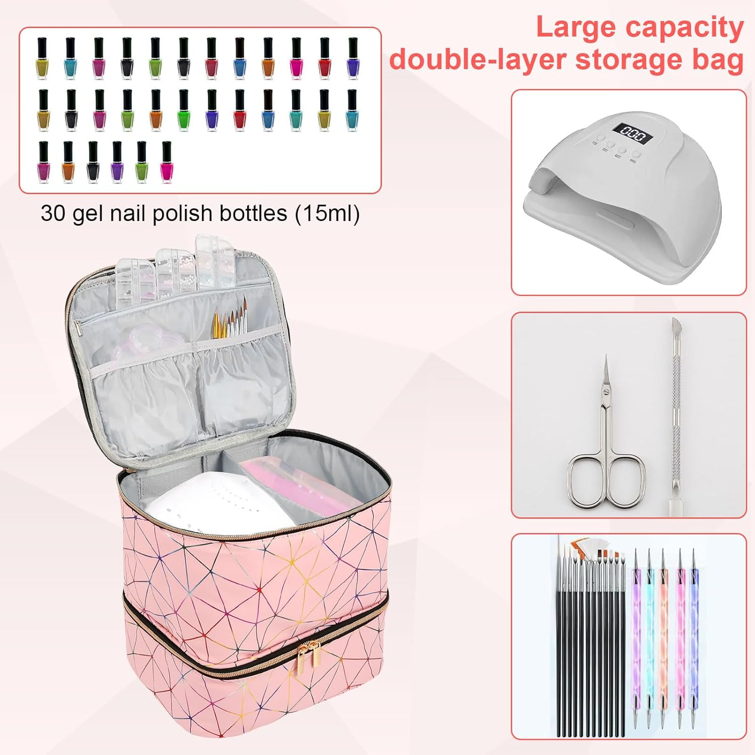 UKQRRTC Holographic Nail Polish Organizer Bag, Zipper Closure, Double Layers Nail Supplies Storage Box for Home Travel Salon image number 5