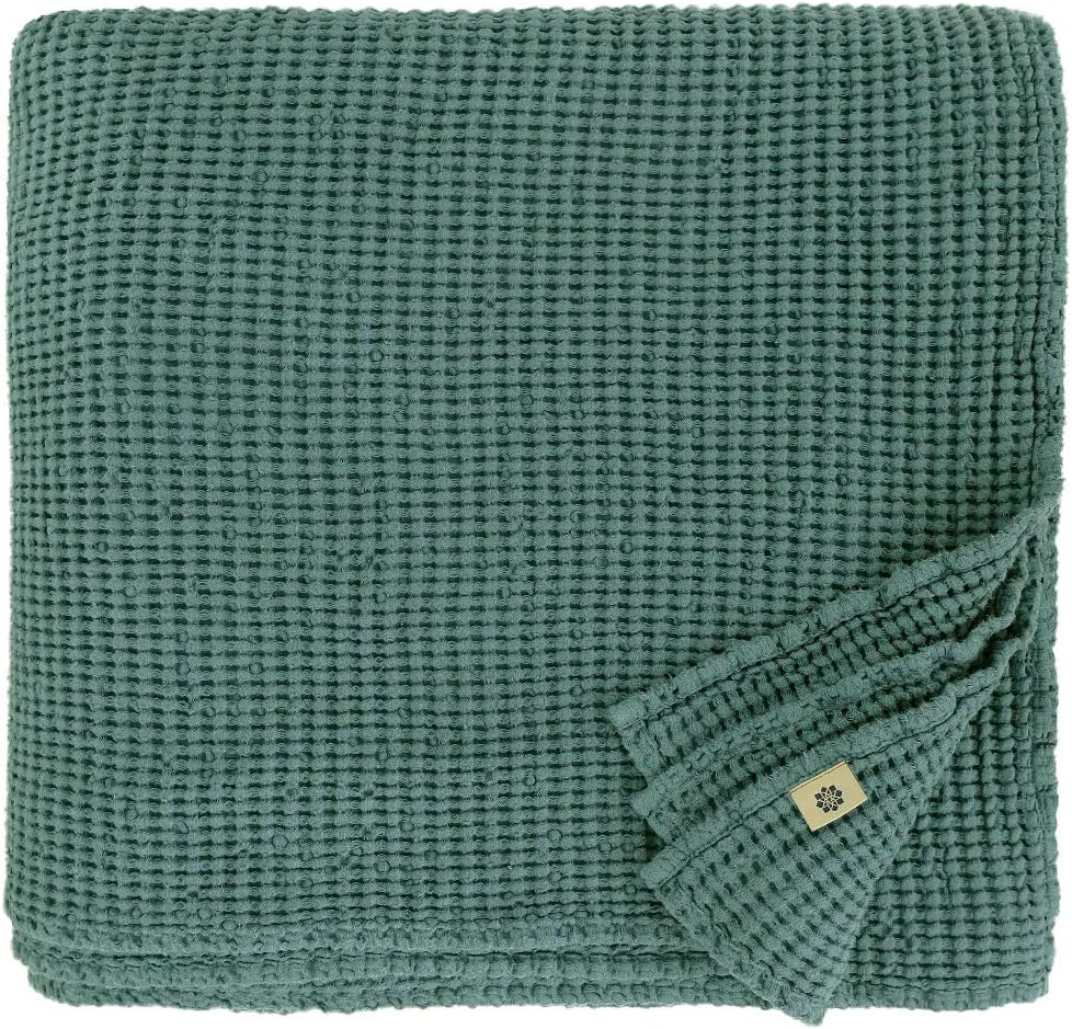 Linen & Cotton Plaid Blanket Summer Bedspread Waffle Pique Enzo - 48% Linen, 52% Cotton, Emerald Green (210 X 250 Cm) Blanket Throw Bed Linen image number 4