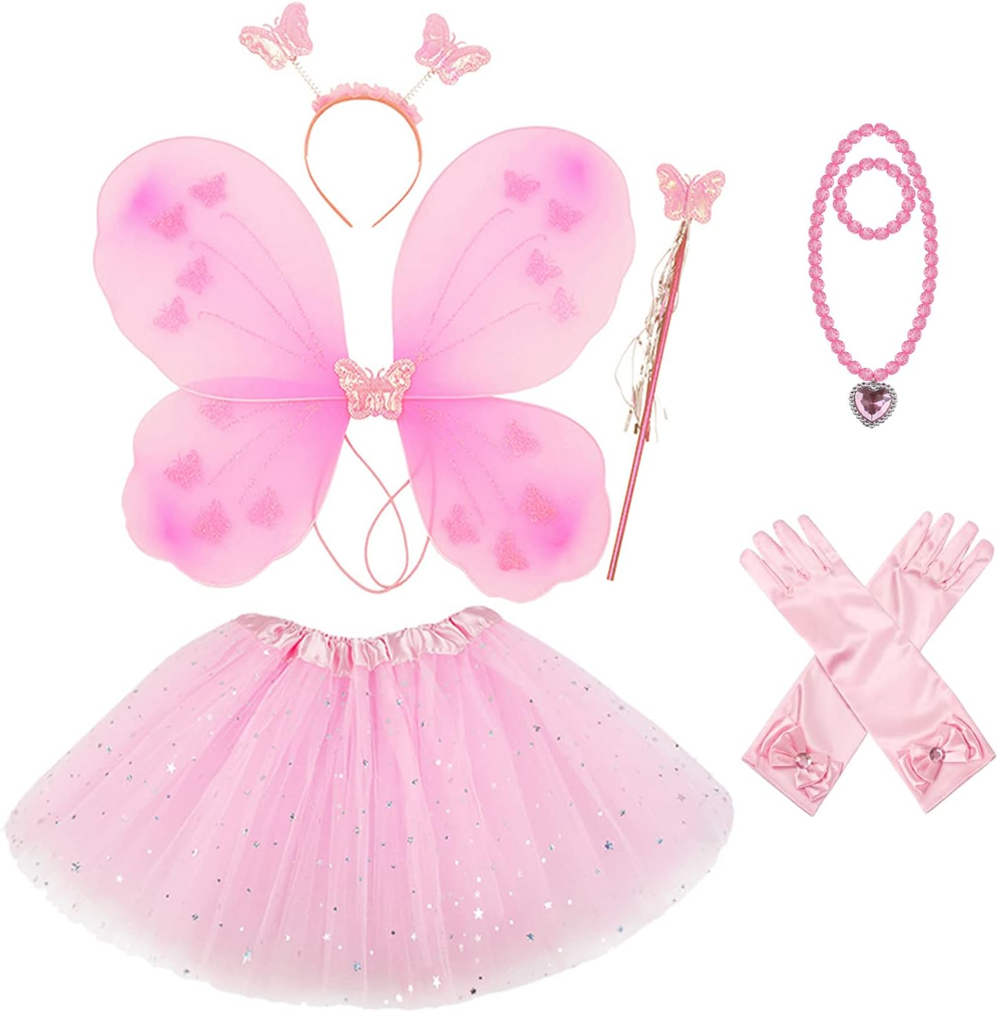 Ricjurzzty Girls Fairy Costume Fancy Dress up Butterfly Costume Sets with Tutu Dress, Butterfly Wing, Headband,Wand Costume Set for 3-8 Years Girls