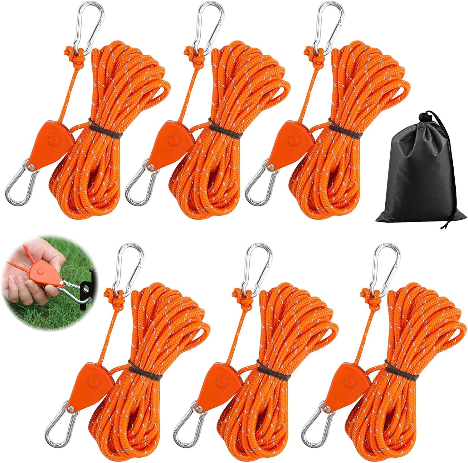 Pack of 6 Rope Ratchet with Hooks, Reflective Guy Ropes, Rope Ratchet Hanger Hanger, Diameter 4 Mm Rope Ratchet with Hook, Rope Ratchet for Tents, Fans, Plant Lights, 150 Lb 3.12 Ft/4M-O