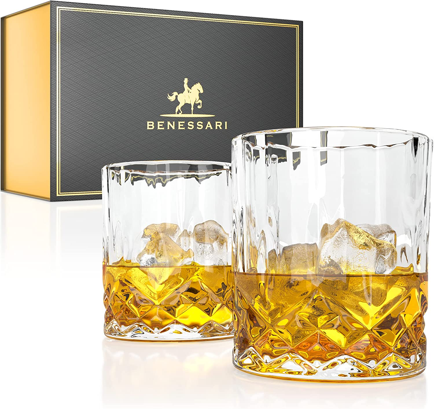 BENESSARI Whiskey Glasses Gift Set - Premium Old Fashioned Whisky Tumbler Gifts for Men or Woman Birthday; Rocks Whiskey Gift Box Set of 2 | Lead-Free Crystal Glasses for Bourbon, Scotch, Cocktail Set image number 5