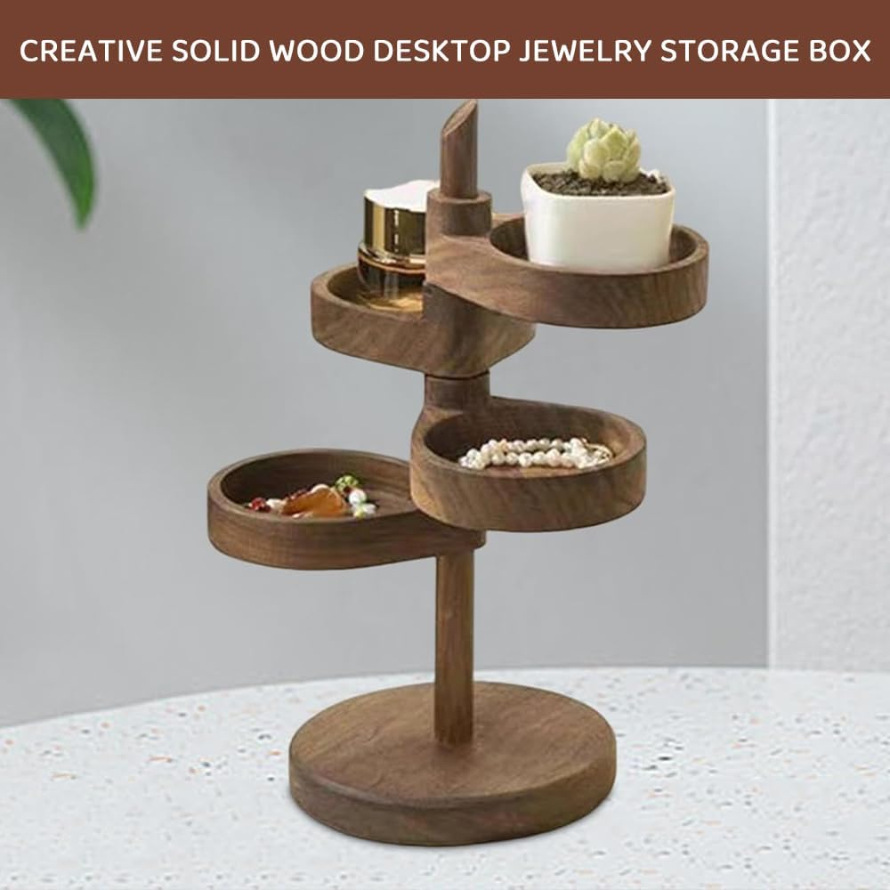 JIUSEGE Spiral Wooden Display Stand, Multi-Tier Rotating Organizer with 4 Adjustable 360&deg; Shelves, Space-Saving Jewelry Storage Rack for Home Decor, Brown image number 4