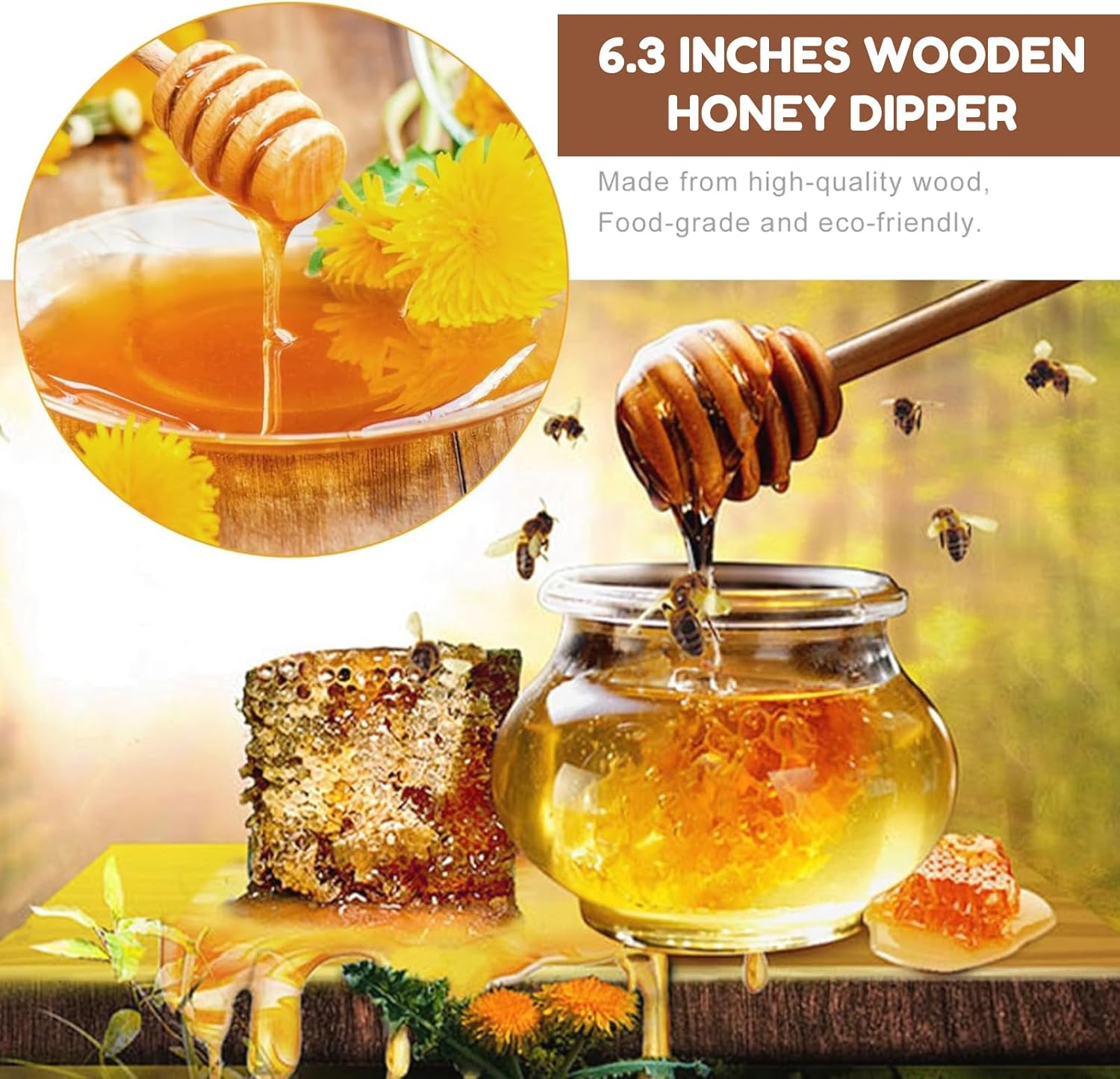 4PCS 16Cm Wooden Honey Dipper Set, Natural Wood Stirring Sticks for Honey, Syrup & Jam Dispensing, round Handle Honey Mixer & Drizzling Tool image number 2