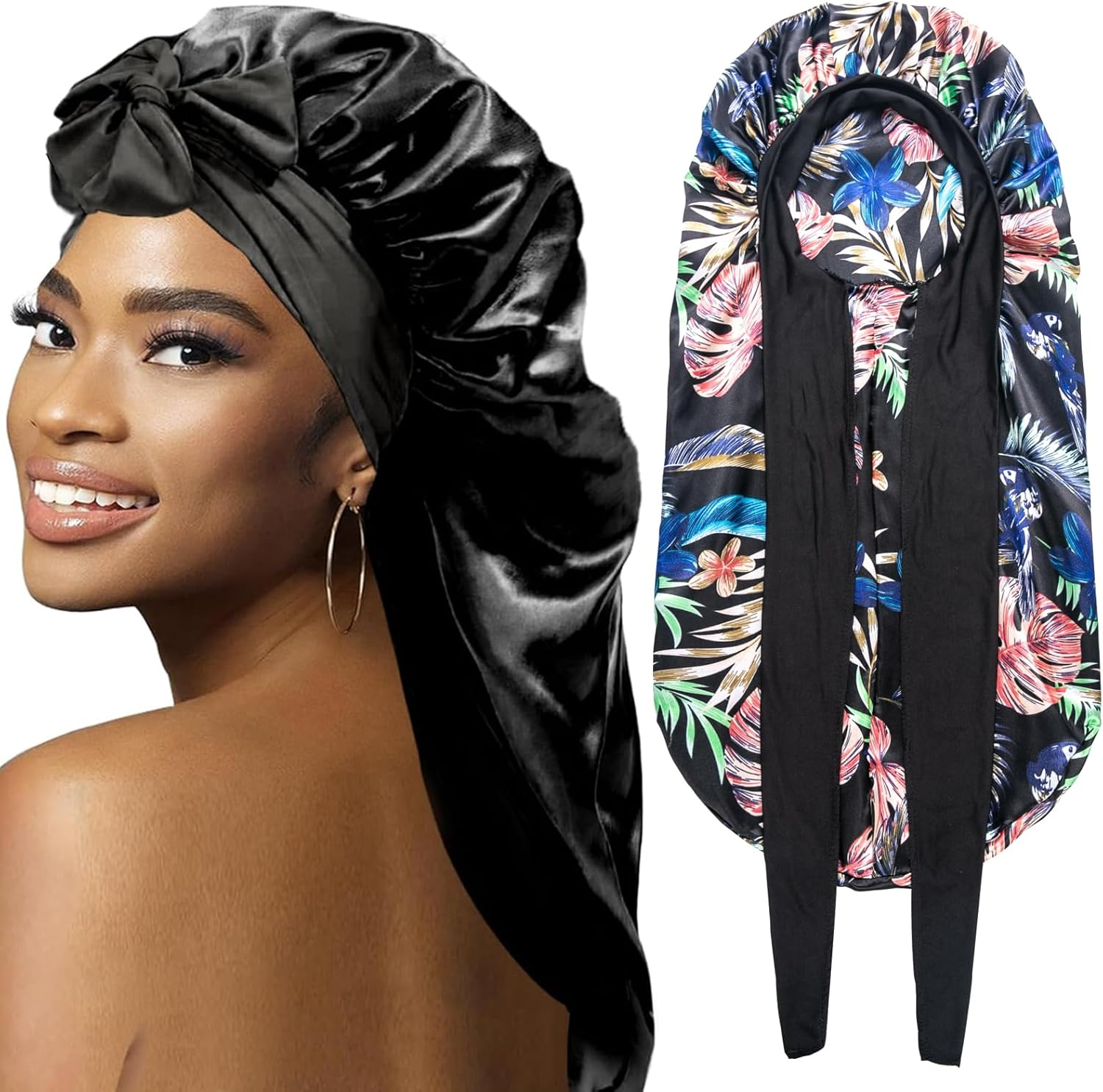 Bonnets for Black Women Braid Bonnet, Large Long Satin Bonnet for Braids, Silk Bonnet with Stretchy Tie Band Sleep Cap Hair