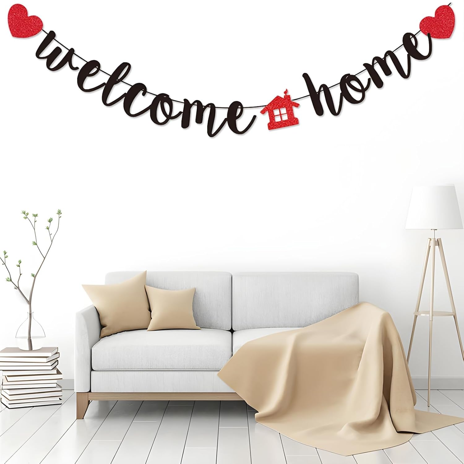 Welcome Home Banner, Black Glitter Welcome Home Banner on 8 Ft Strand - Housewarming, Homecoming, & Military Return Party Decorations & Decor (Red)