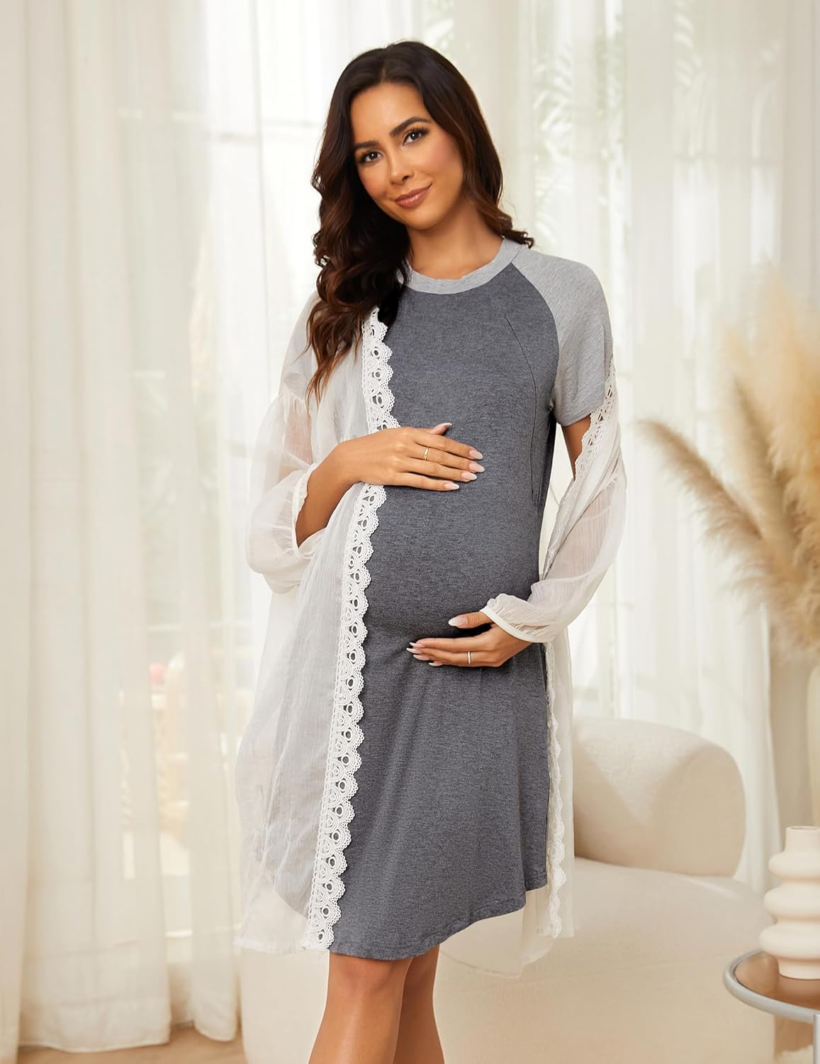 Women Sleepshirts 3 in 1 Labor/Maternity/Nursing Nightgown Short Sleeve Breastfeeding Sleep Dress XS-3XL image number 3