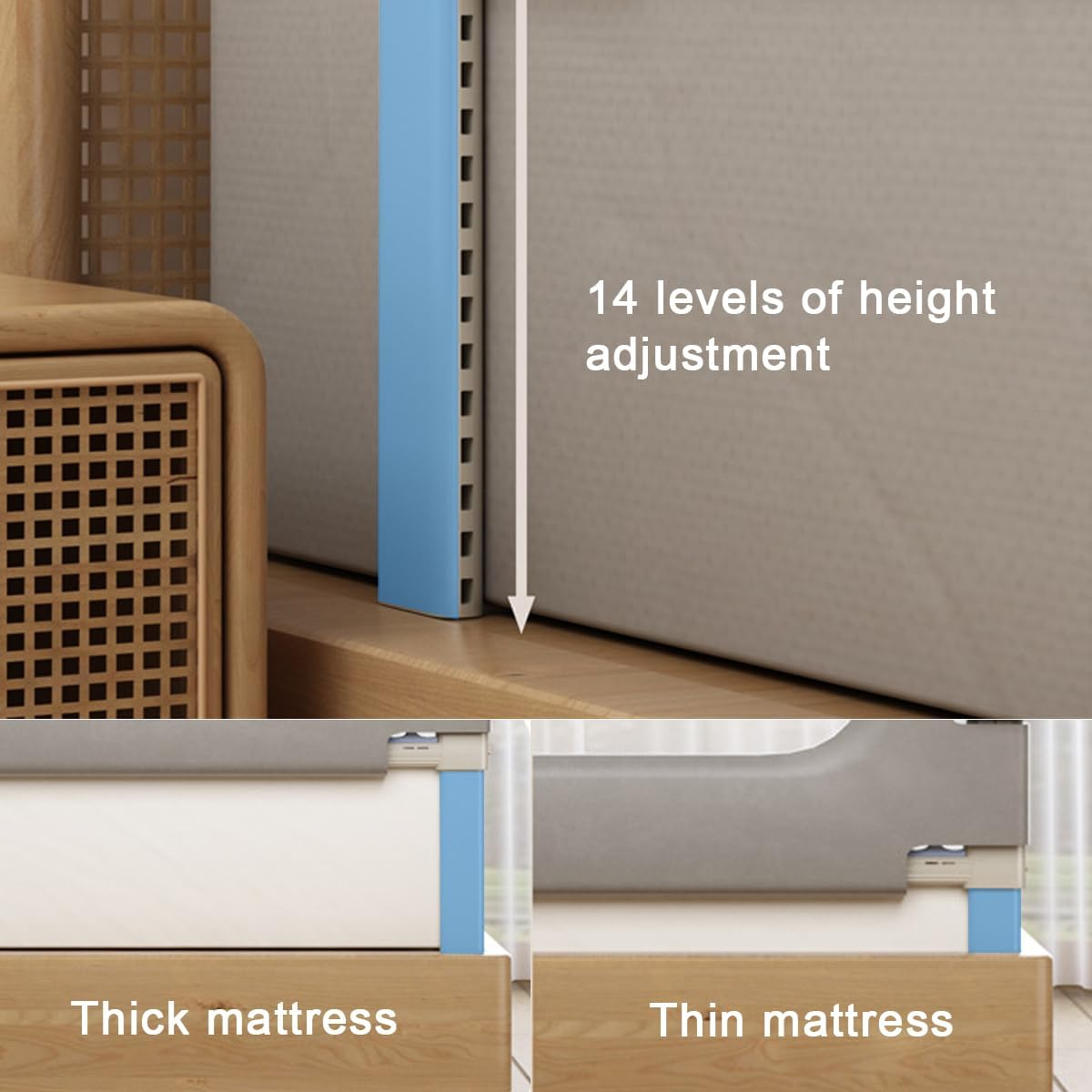 Foldable Bed Rail for Toddlers, 120/150/180/200 Cm Swing down Bed Bumper, 68-83 Cm Height Adjustable Nursery Bed Rails, for Twin, Double, Full, Queen & King Size Mattress (Grey, 150CM) image number 5