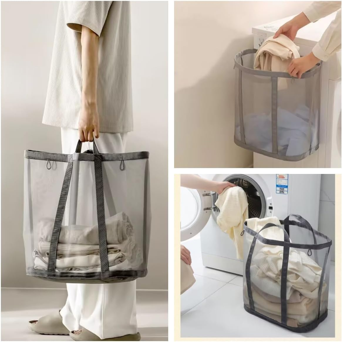 Foldable Mesh Laundry Hamper Bag with Handles - Breathable Collapsible Clothes & Toy Storage Basket for Bathroom, Bedroom, Beach, Travel (Grey)