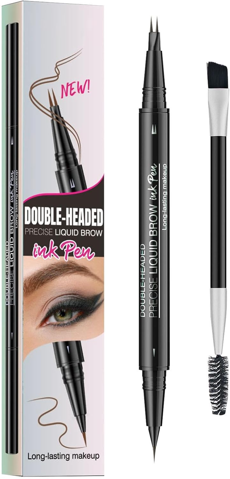Microblading Eyebrow Pen, Double-Headed Eye Brow Pen with Brush, 2-Fork-Tip Curved Brow Pen Waterproof Eyebrow Tint Pen, Long Lasting Makeup