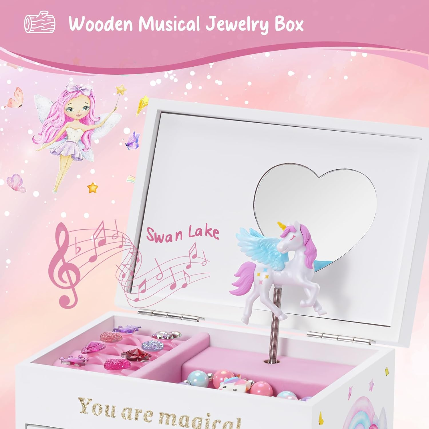 Lolalet Unicorn Jewelry Box for Girls, Wooden Musical Children'S Jewelry Organizer, for Kids Toddler Age 2 3 4 5 6 7 8 9 on Birthday -White image number 3