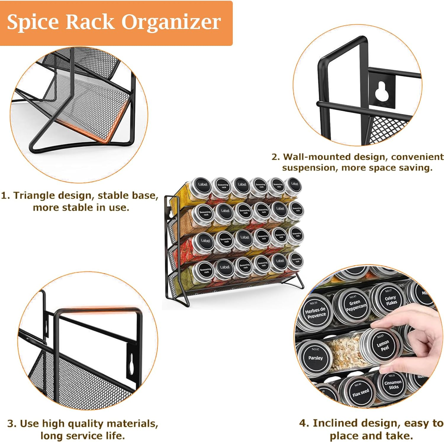 Spice Rack Organizer for Cabinet,4 Tier Spice Organization for Cabinet,Countertop,Pantry, Cupboard or Door & Wall Mount,Metal Mesh Condiment Organizer,Jars Not Included,Black image number 5