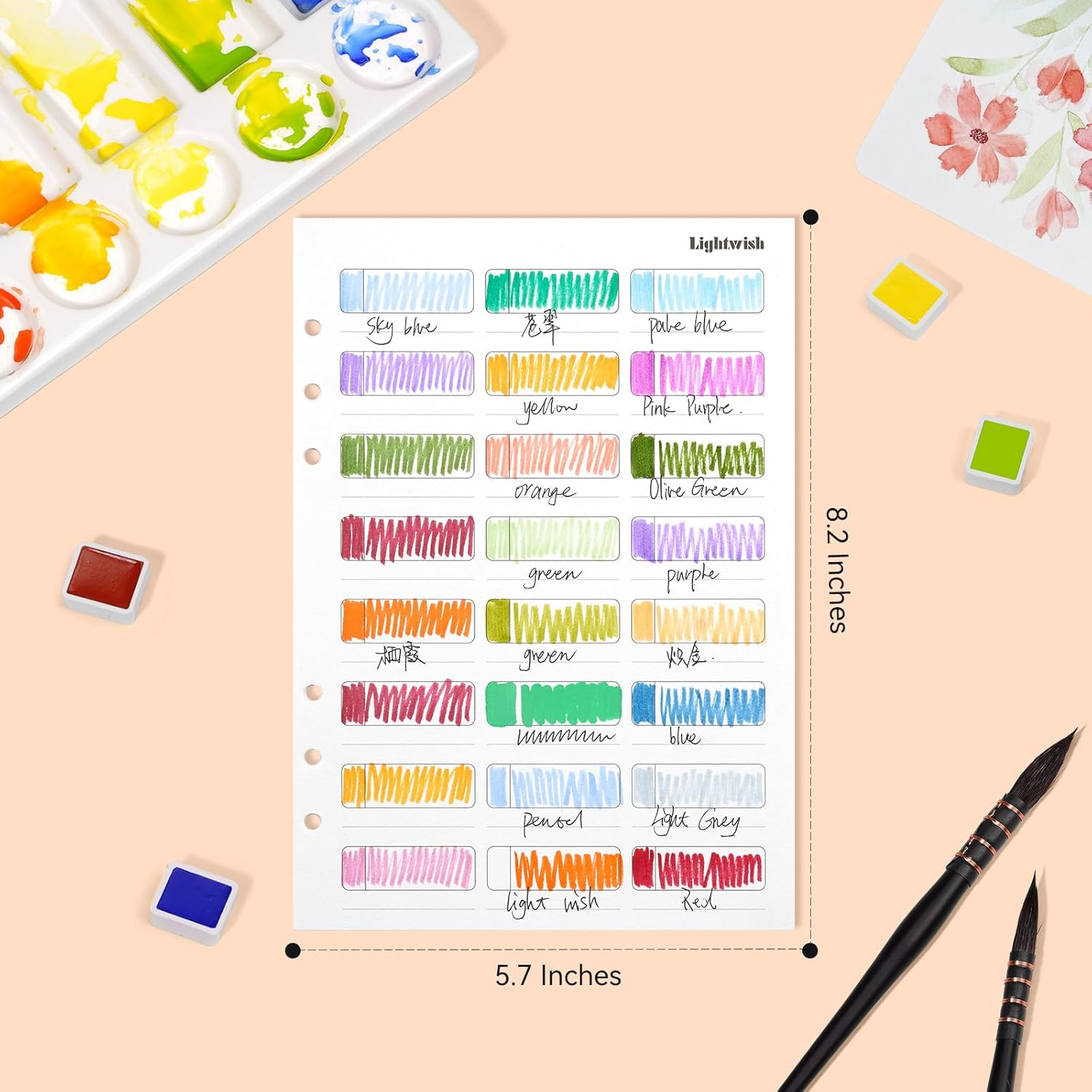 LIGHTWISH Watercolor Swatch Paper Bulk - 100% Cotton Hot Press 300Gsm/140Lb, 2 Pack, Total 40 Sheets 24 Spaces A5 Hole-Punched Replaceable Paper for Watercolor, Gouache, Oil Pastels,5.5 * 8.2 Inches image number 1