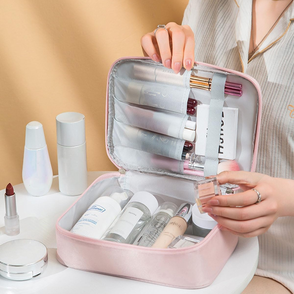 Adorable Women'S Makeup Bag - Large Capacity Travel Cosmetic, Handheld & Portable (Pink) - Purple image number 6