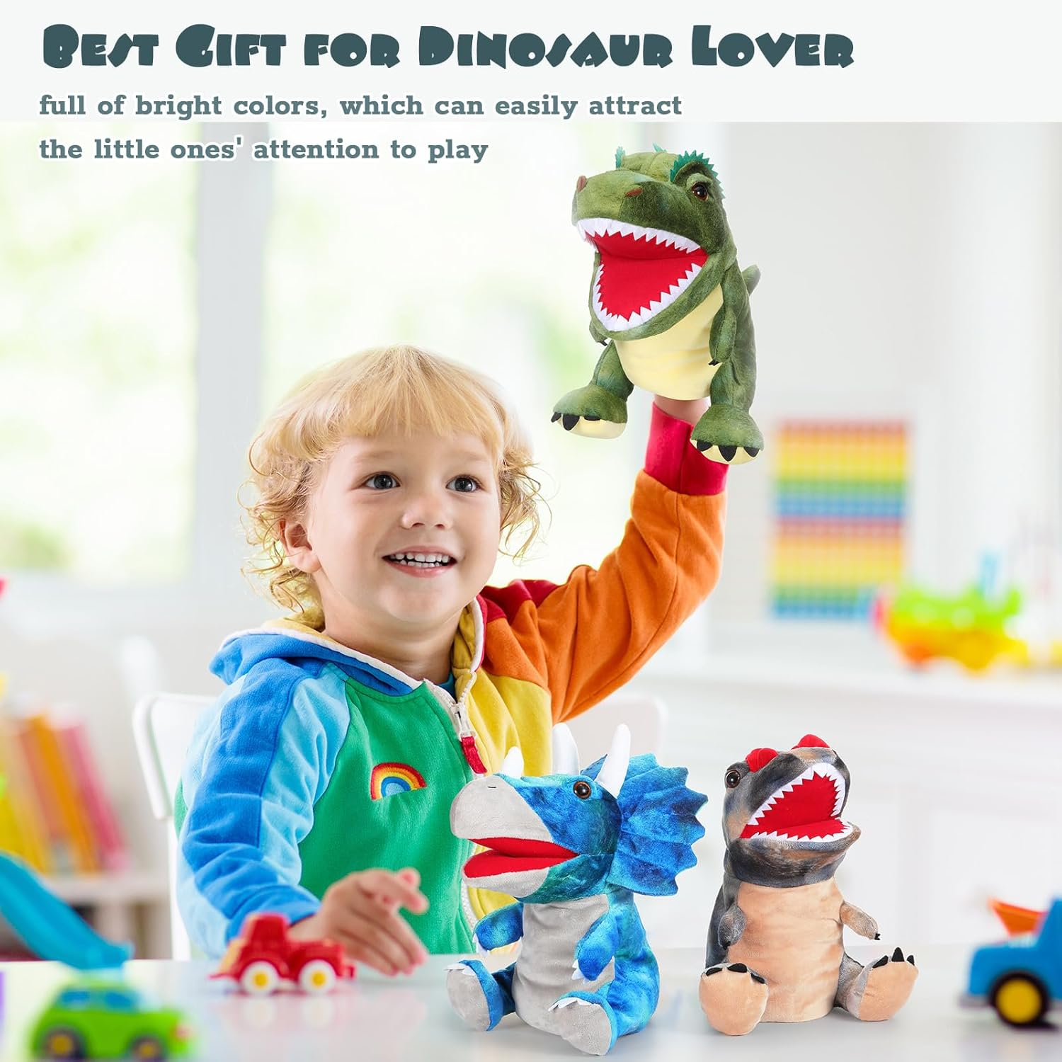 Silipull 3 Pieces Dinosaur Hand Puppets 12 Inch Plush Stuffed Animals Puppet Dinosaur Soft Toys for Animal Storytelling, Teaching, Preschool, Role Play (Tyrannosaurus, Triceratops, Dilophosaurus)