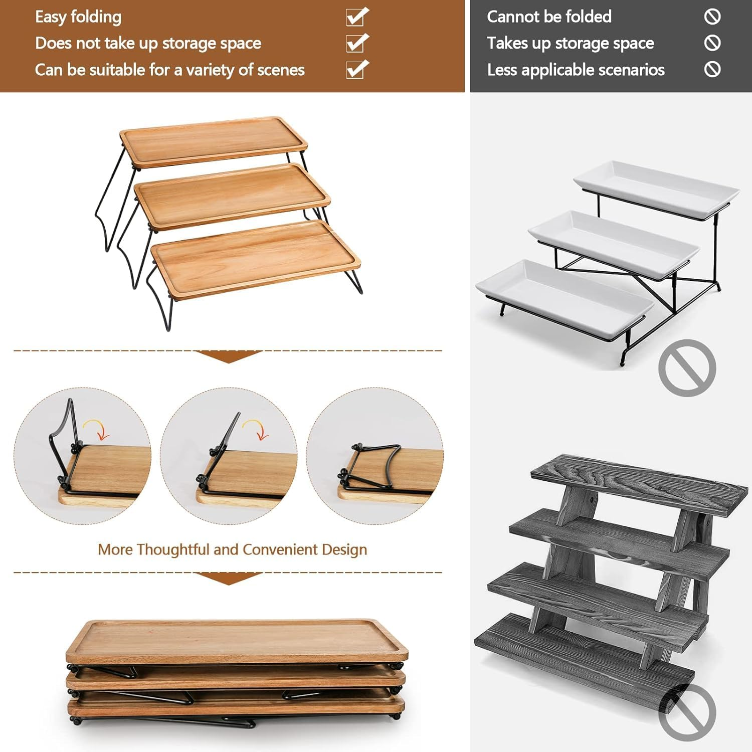 3 Tiered Tray Stand - Three Tiered Serving Stand with Acacia Wood Serving Trays & Platters for Cupcake Stand,Wooden Dessert Table Display Set,Charcuterie Boards,Food,Party,Vendors image number 6