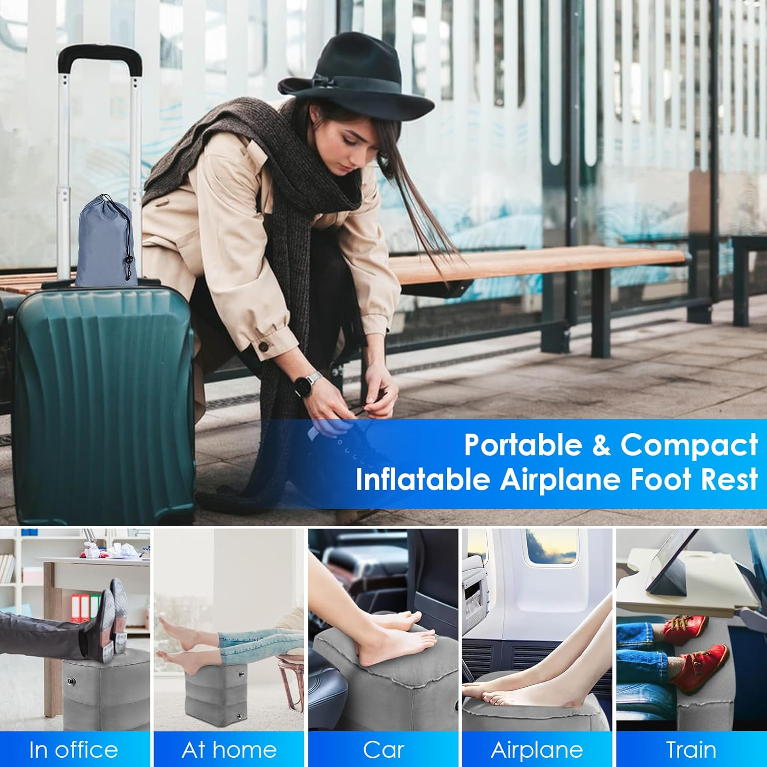 DAWNTREES 2 Pack Inflatable Foot Pillow for Travel, Airplane, Office, and Home - Travel Accessories image number 5