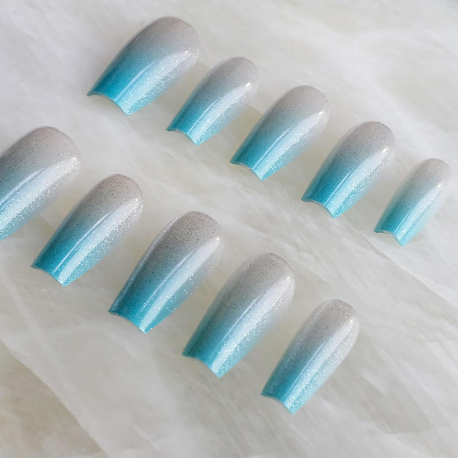 Glossy Cat Eye Ballerina Press-On Acrylic Nails, Coffin Style (Blue) (Blue, S) image number 3